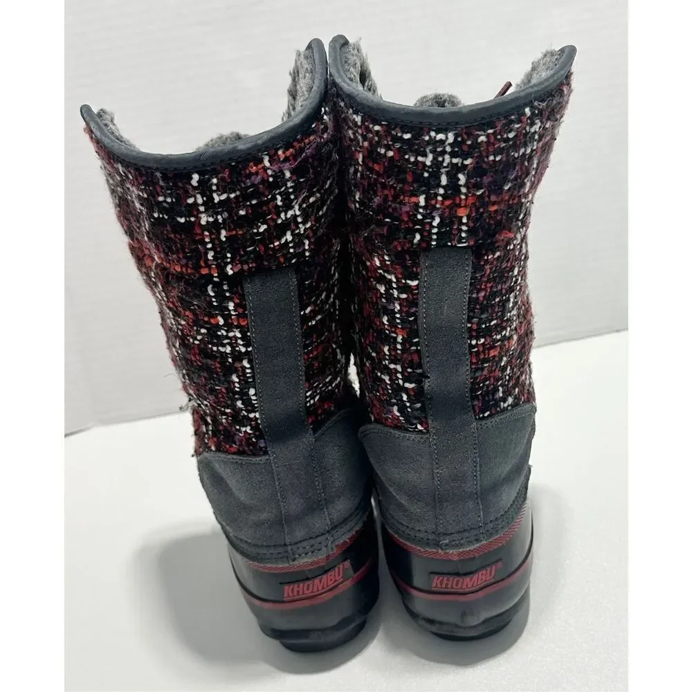 Khombu Elysse Rubber Upper Water Resistant Boots Plaid Lace Up Black‎ Red 8